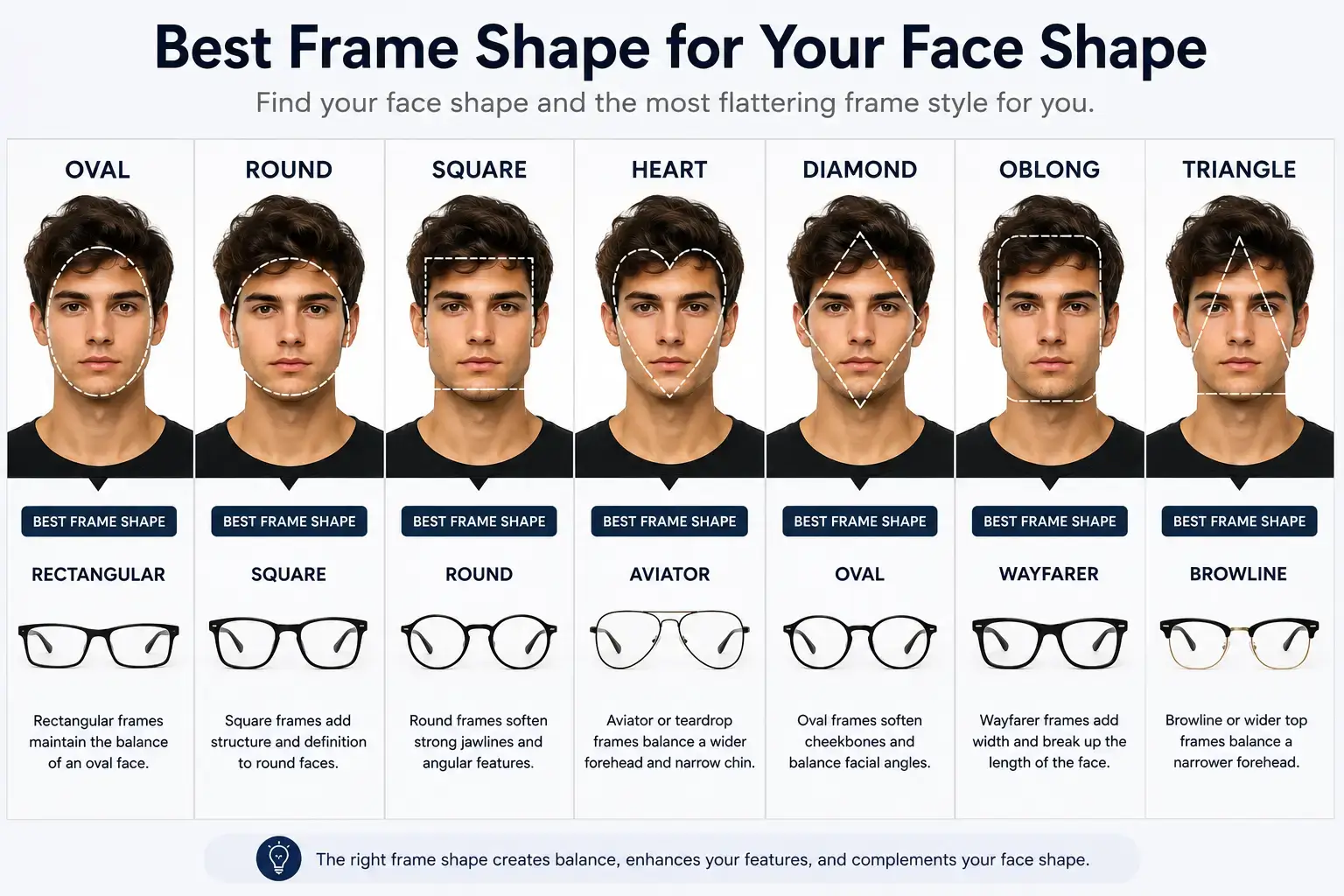 Best glasses frames for each face shape — frame recommendations for oval, round, square, heart, diamond, oblong and triangle faces