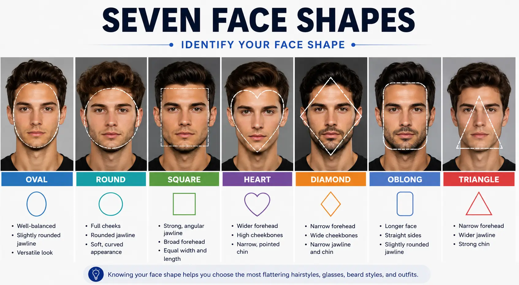 Diagram showing all 7 face shapes for glasses selection — oval, round, square, heart, diamond, oblong, triangle