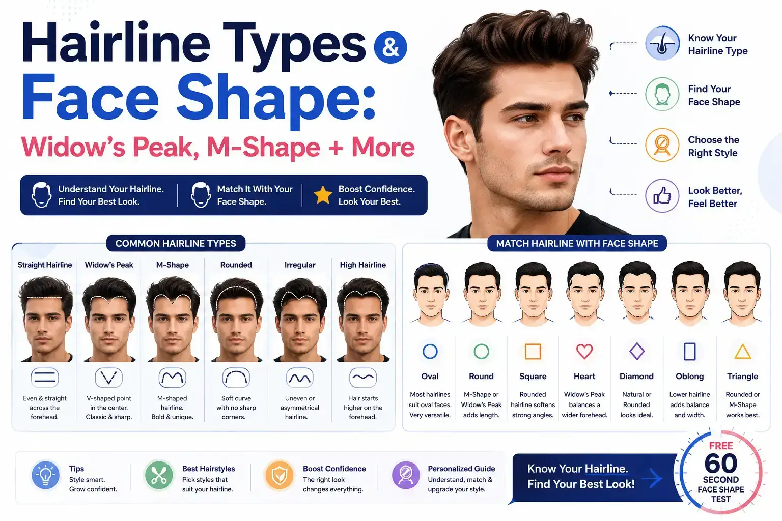 hairline types & Face Shape: Widow's Peak, M-Shape + More