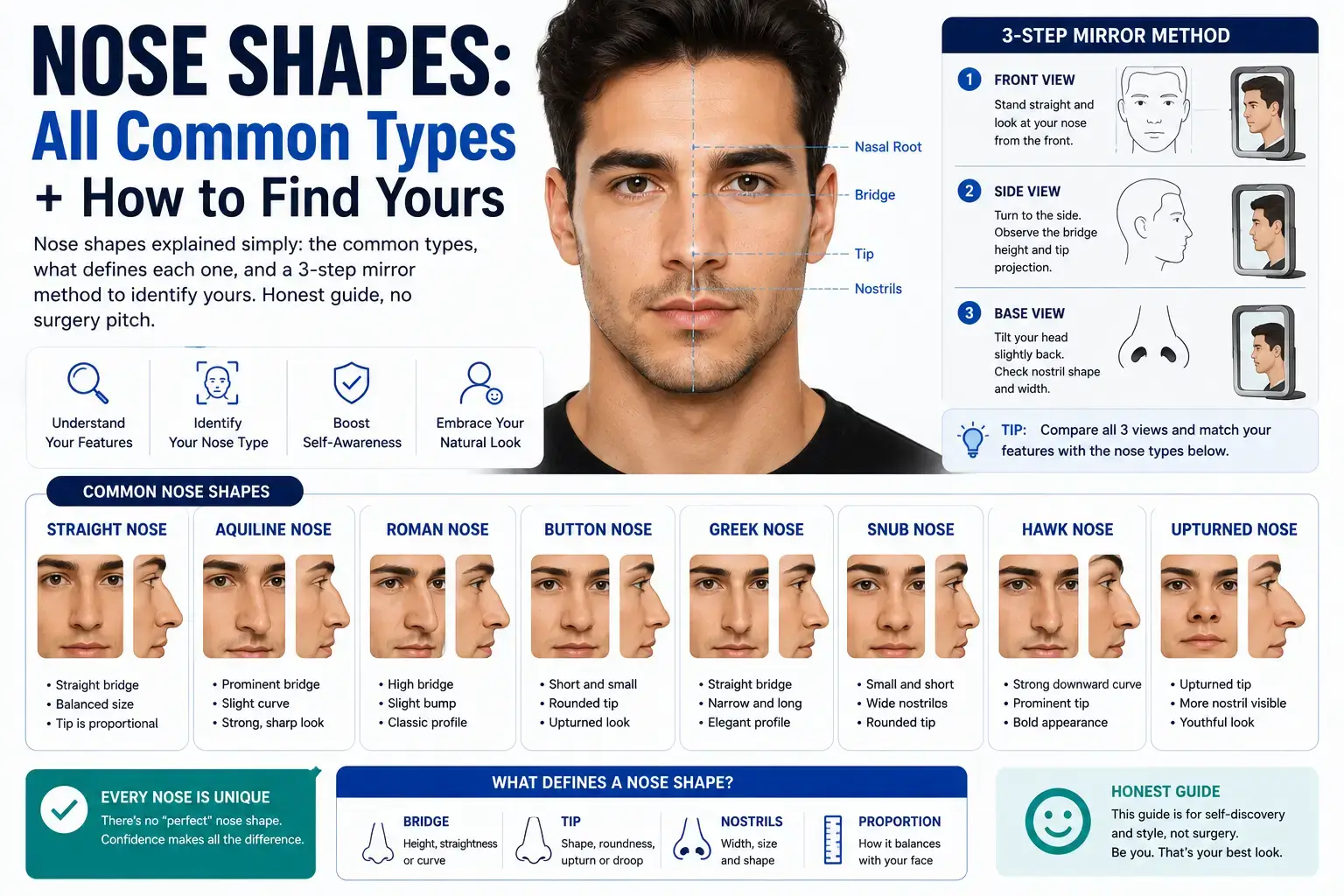 Nose Shapes: All Common Types + How to Find Yours